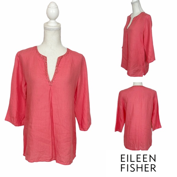 Eileen Fisher Coral Irish Linen Tunic w/Sequins Sm - Picture 1 of 9
